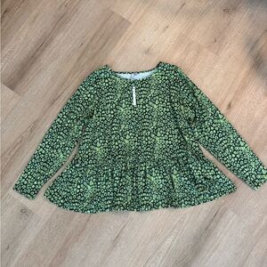 ASOS Top Women Green/Navy Stretch Knit Round Neck Long Sleeve Ruffle Hem Boho